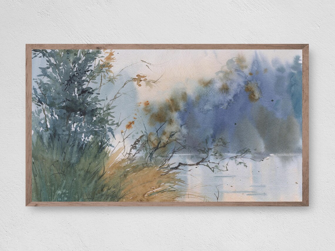 Watercolor Pond View Misty Blue Grey Lake With Autumn Branches Art Poster