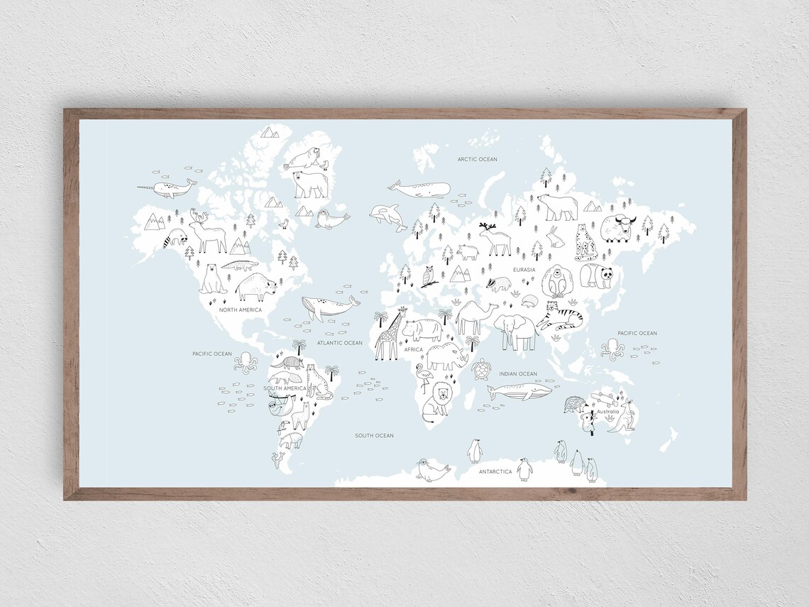 Kids Animal World Map Art Print, Educational Decor