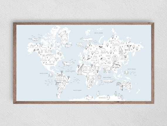 Kids Animal World Map Art Print, Educational Decor