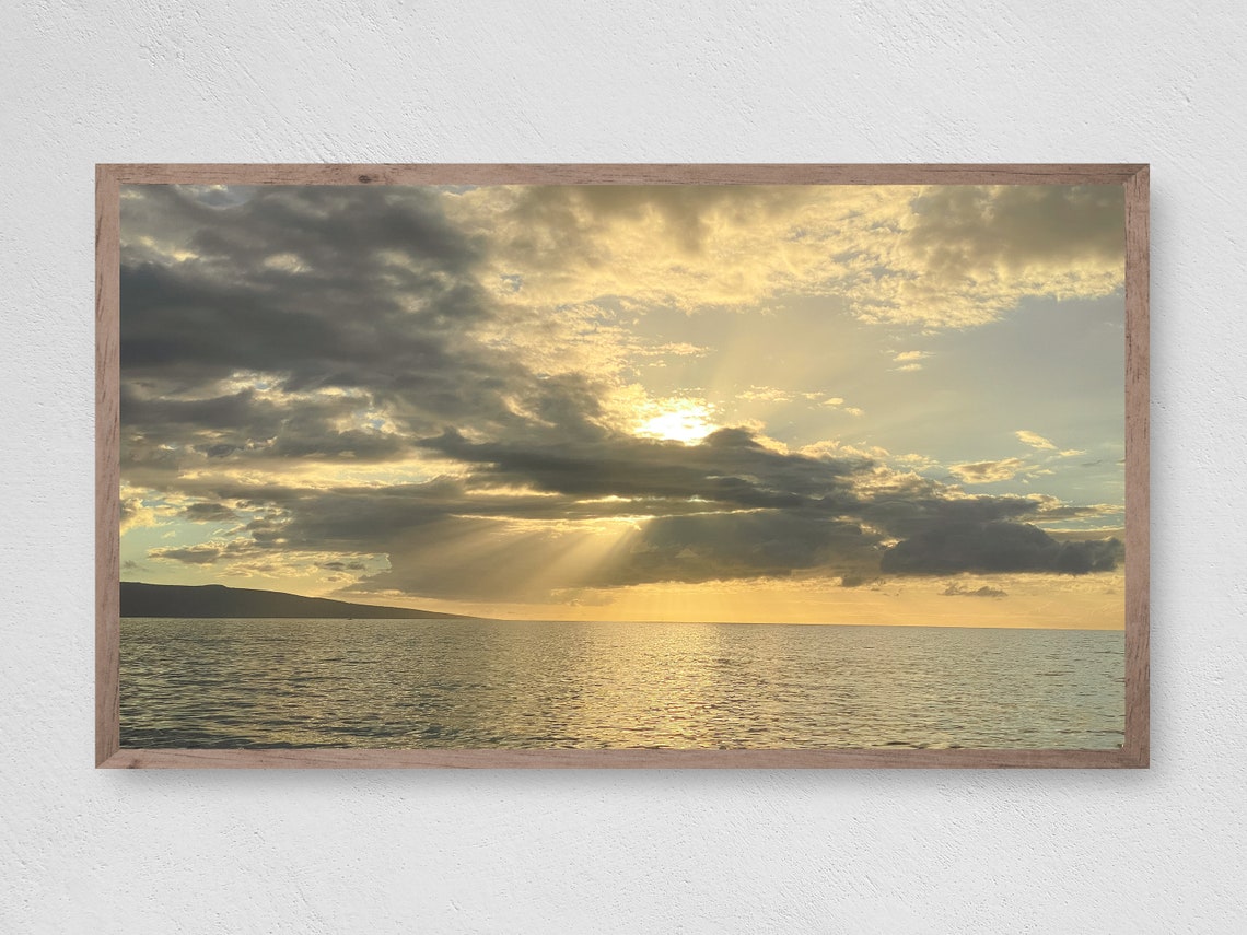 Ocean Sunset Golden Sun Rays Dramatic Clouds Seascape Wall Art Poster