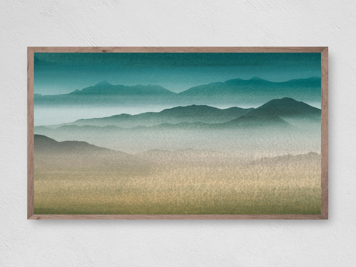 Teal Misty Mountain Layers Minimalist Serene Landscape Travel Poster