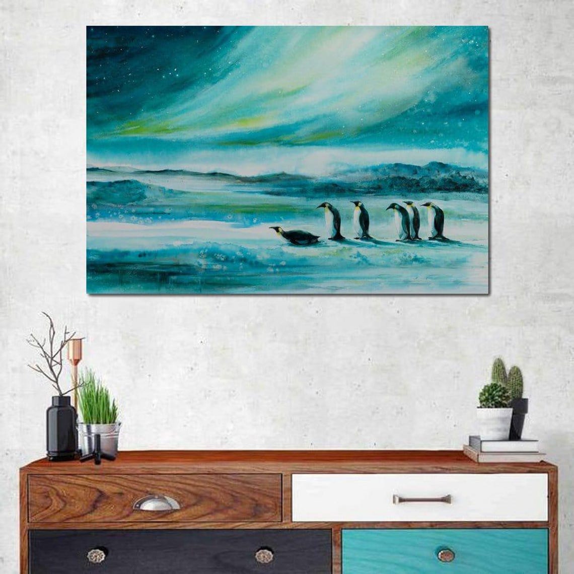Penguins Under Aurora Borealis Arctic Night Sky Wildlife Wall Art - Image 4