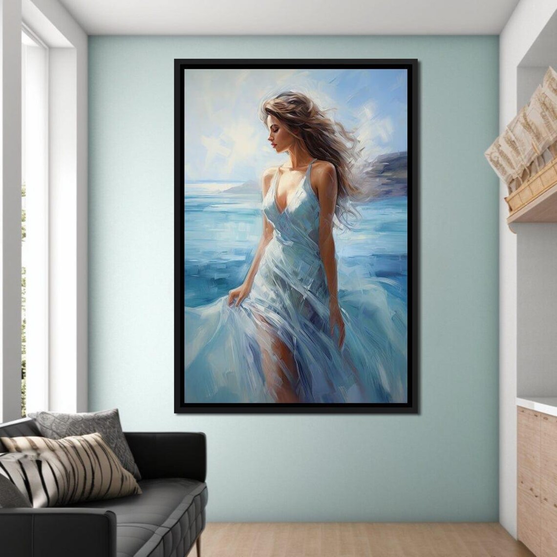 Woman Flowing Blue Dress Ocean Coast Serene Fashion Art Print