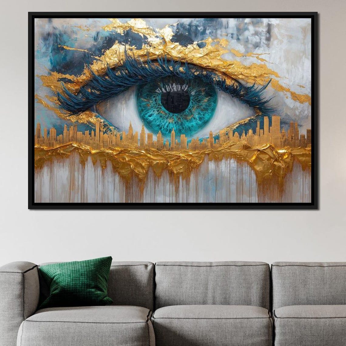 Blue Eye Cityscape Five Panel Gold Leaf Modern Urban Canvas Poster - Image 3