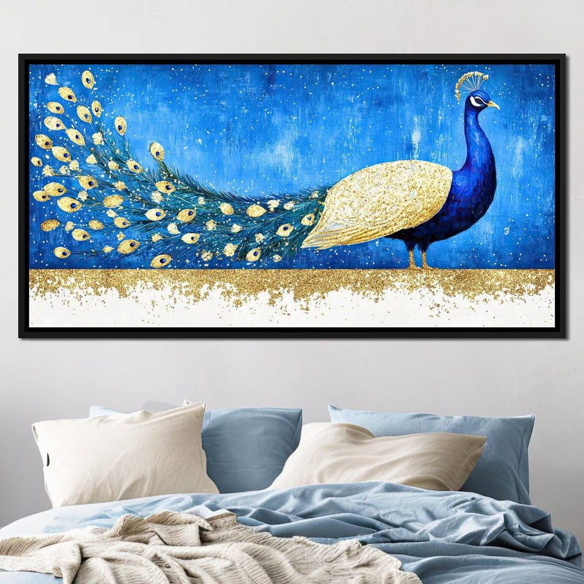 Majestic Peacock With Gold Glitter Tail On A Blue Night Poster - Image 3