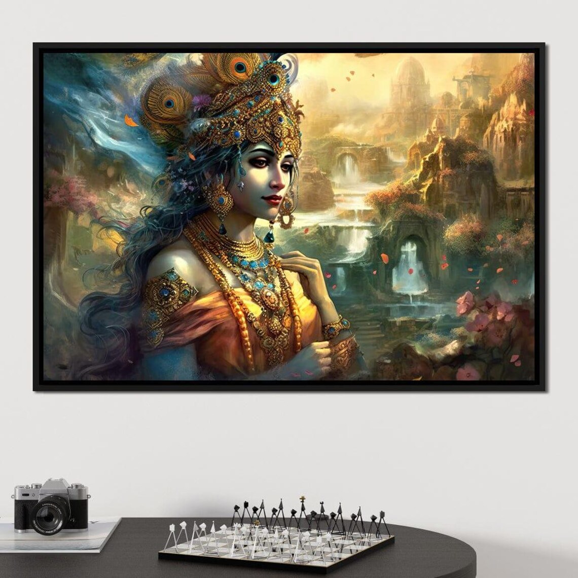 Hindu Goddess Peacock Crown Waterfall Temple Garden Divine Painting Print - Image 3