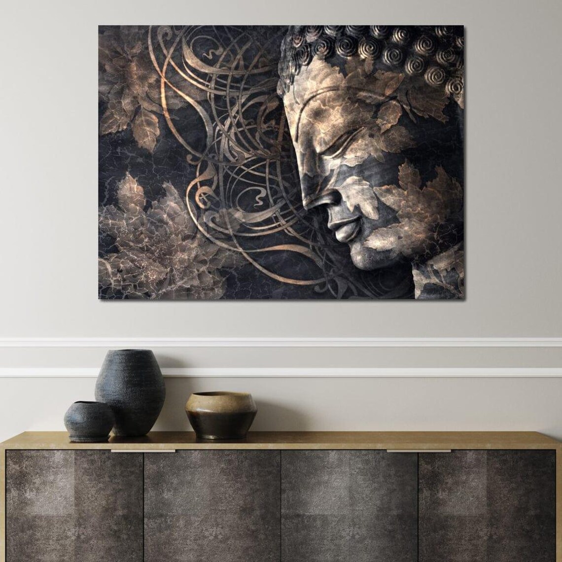Buddha Serene Profile Bronze Leaf Motifs Dark Zen Wall Art Poster - Image 4