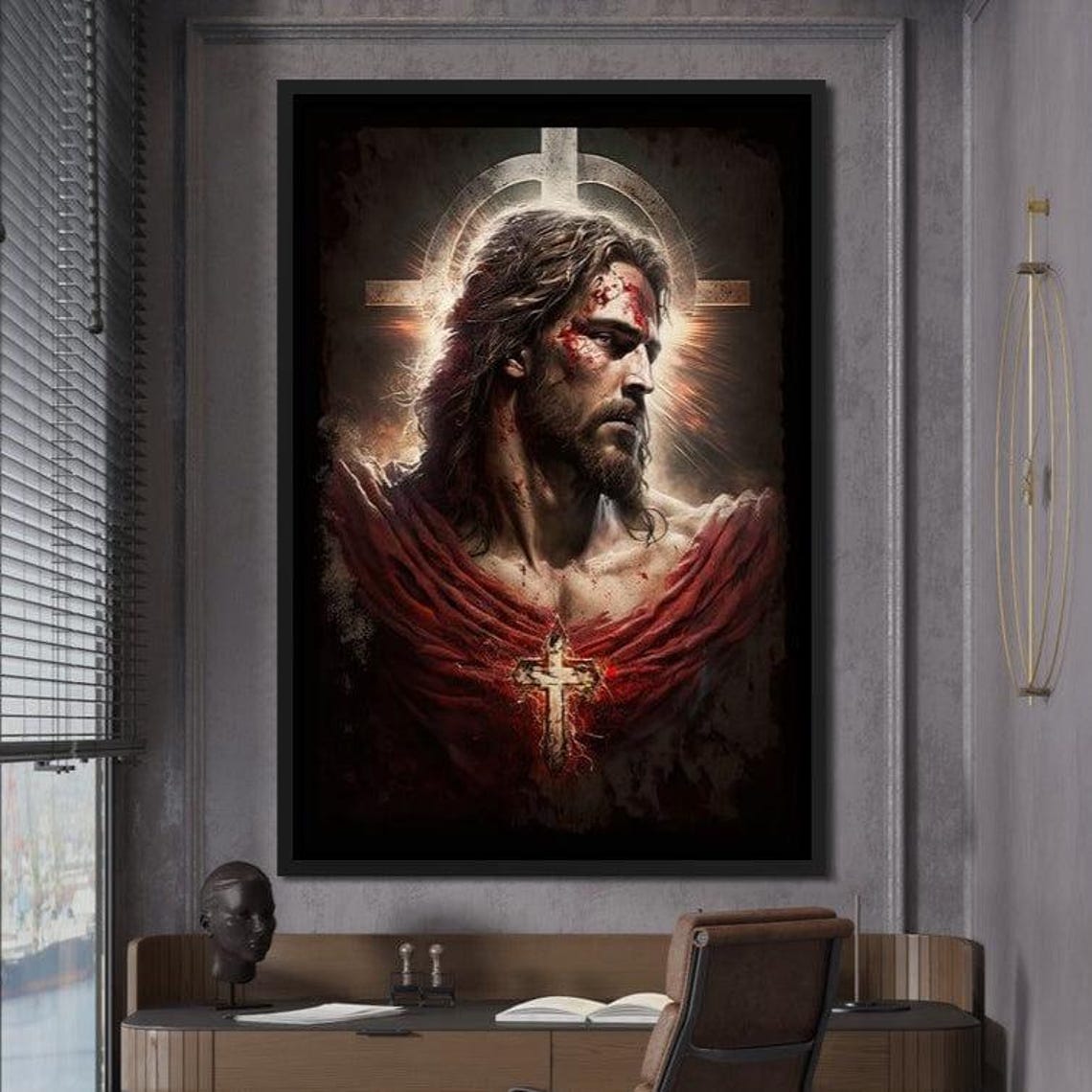 Jesus Christ Dramatic Portrait Halo Cross Sacred Christian Wall Art