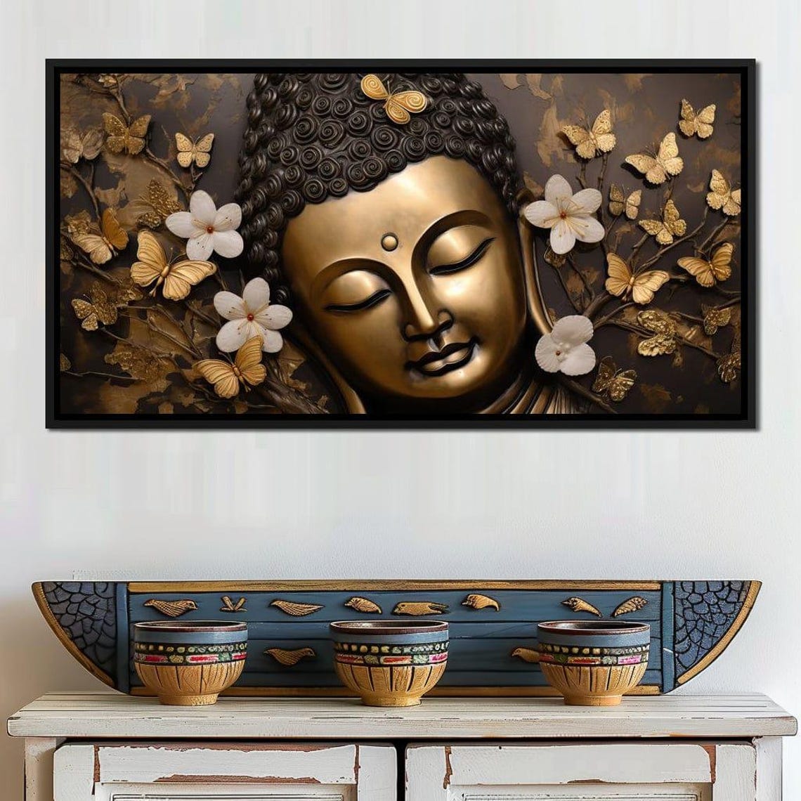 Golden Buddha Head Butterflies White Flowers Zen Bliss Wall Art - Image 2