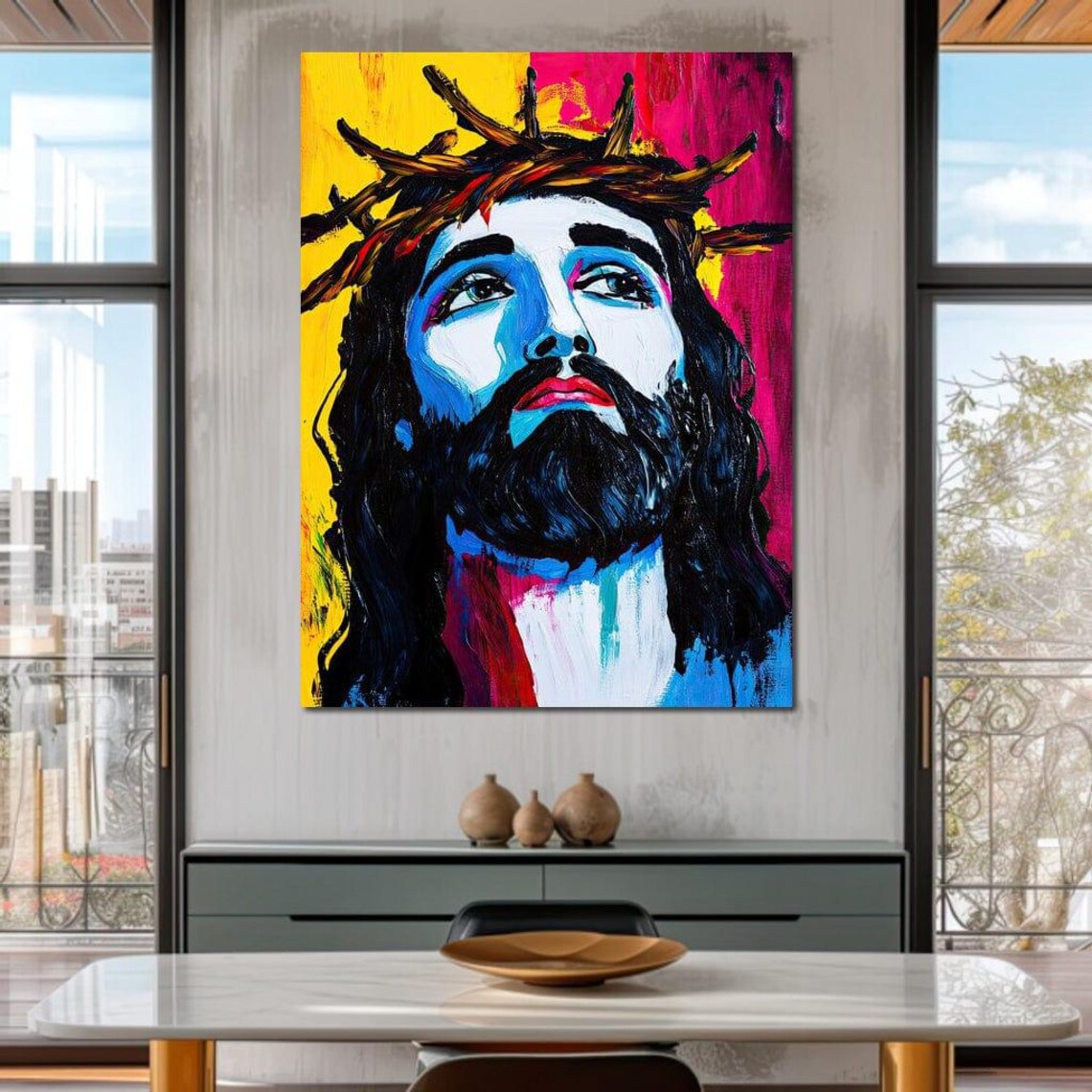 Pop Art Jesus Crown of Thorns Vibrant Religious Portrait Wall Art - Image 2