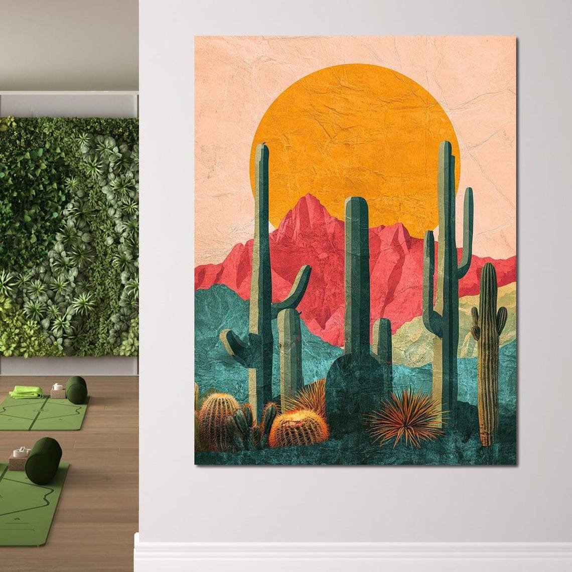 Desert Cactus Sunset Large Sun Red Mountains Southwestern Art Print - Image 2