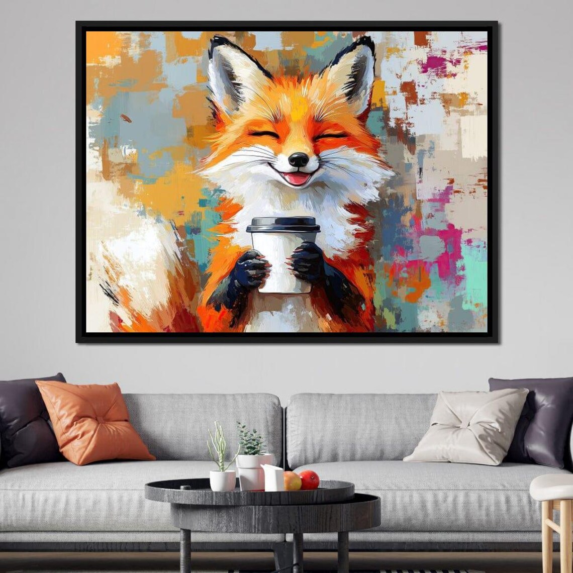 Happy Orange Fox Holding Coffee Cup Colorful Abstract Cute Animal Poster - Image 2