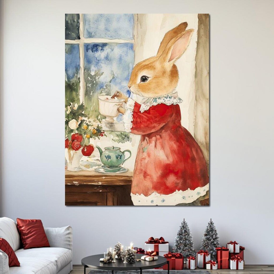 Storybook Rabbit In Red Dress Sipping Tea By Snowy Window Poster - Image 2
