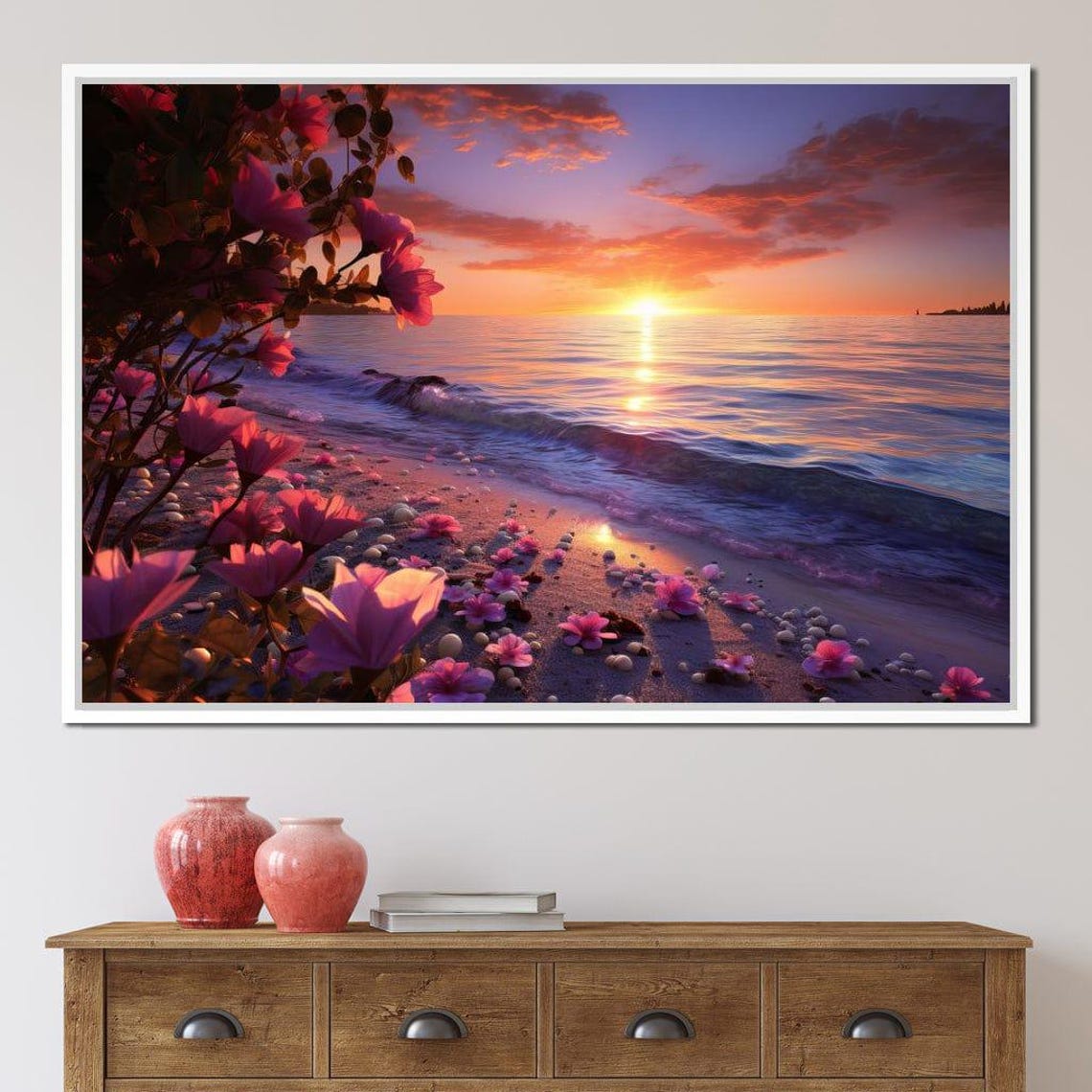 Tropical Sunset Beach Pink Flowers Ocean Waves Seaside Travel Poster