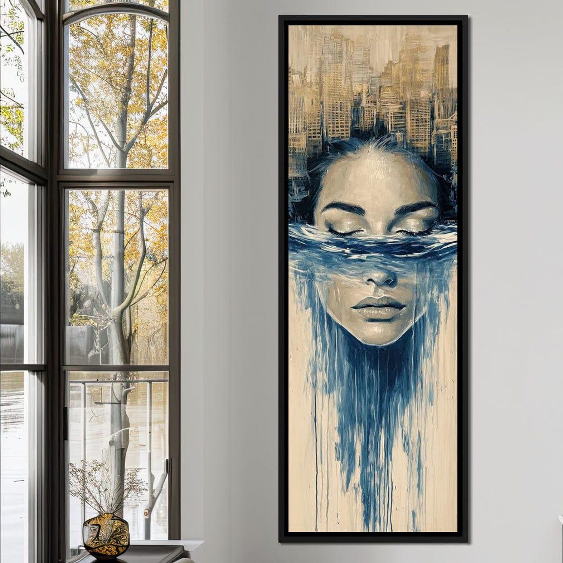 Submerged Woman Face Blue Water City Skyline Surreal Dream Wall Print