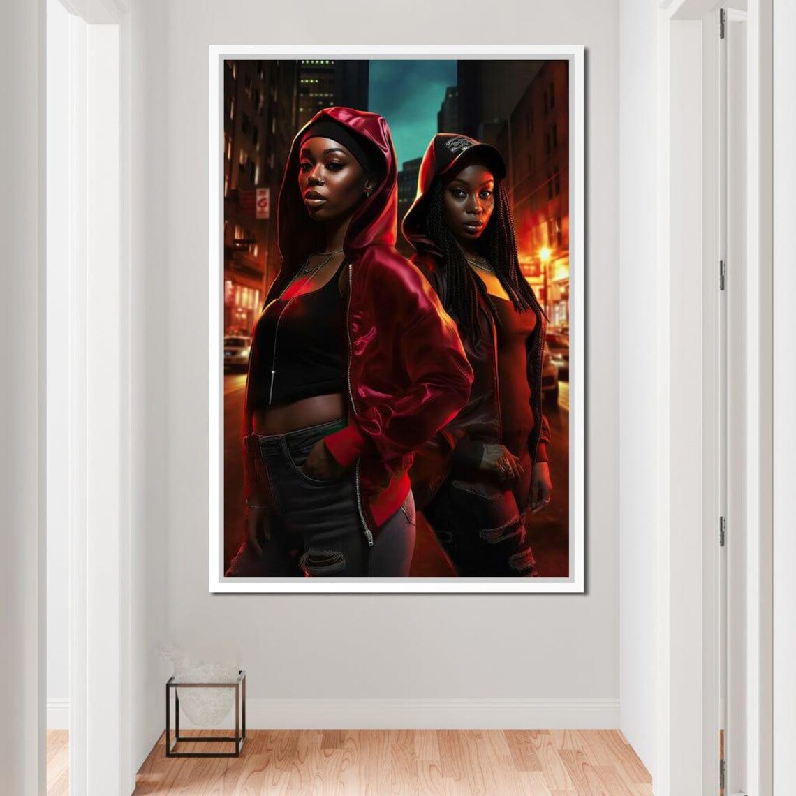 Urban Street Style Women Red Hoodie Night City Portrait Wall Art - Image 3
