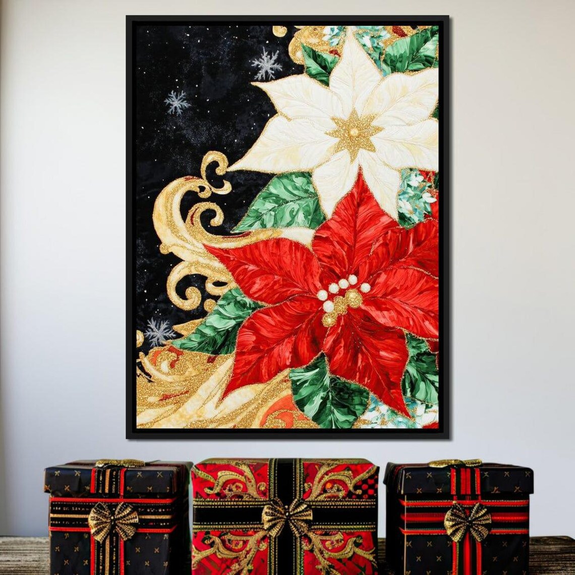 Red And White Poinsettia Gold Swirls Black Holiday Floral Poster - Image 4