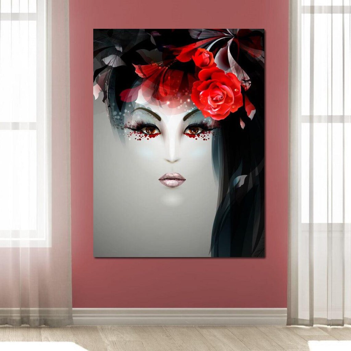 Geisha Rose Noir Dramatic Red Black Asian Beauty Portrait Wall Art - Image 4