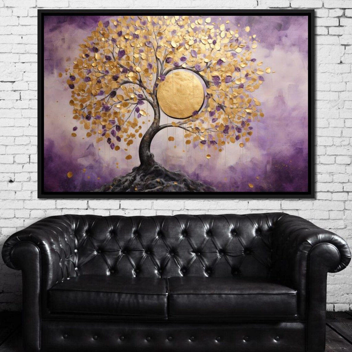 Golden Coin Tree Purple Sky Full Moon Dreamy Boho Style Art Print - Image 4