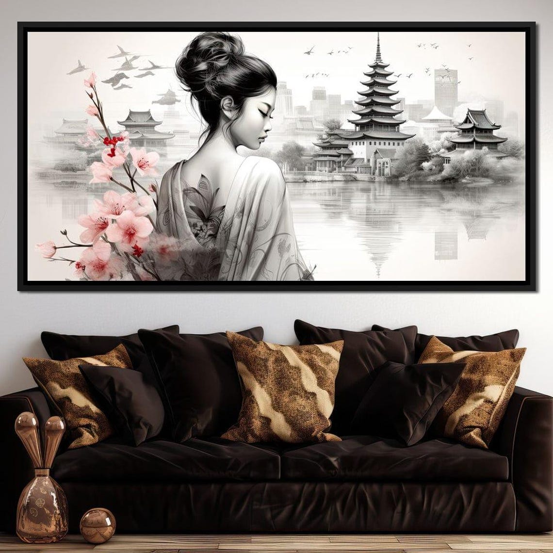 Serene Geisha With Cherry Blossoms Pagoda Lake Japanese Art Poster - Image 2