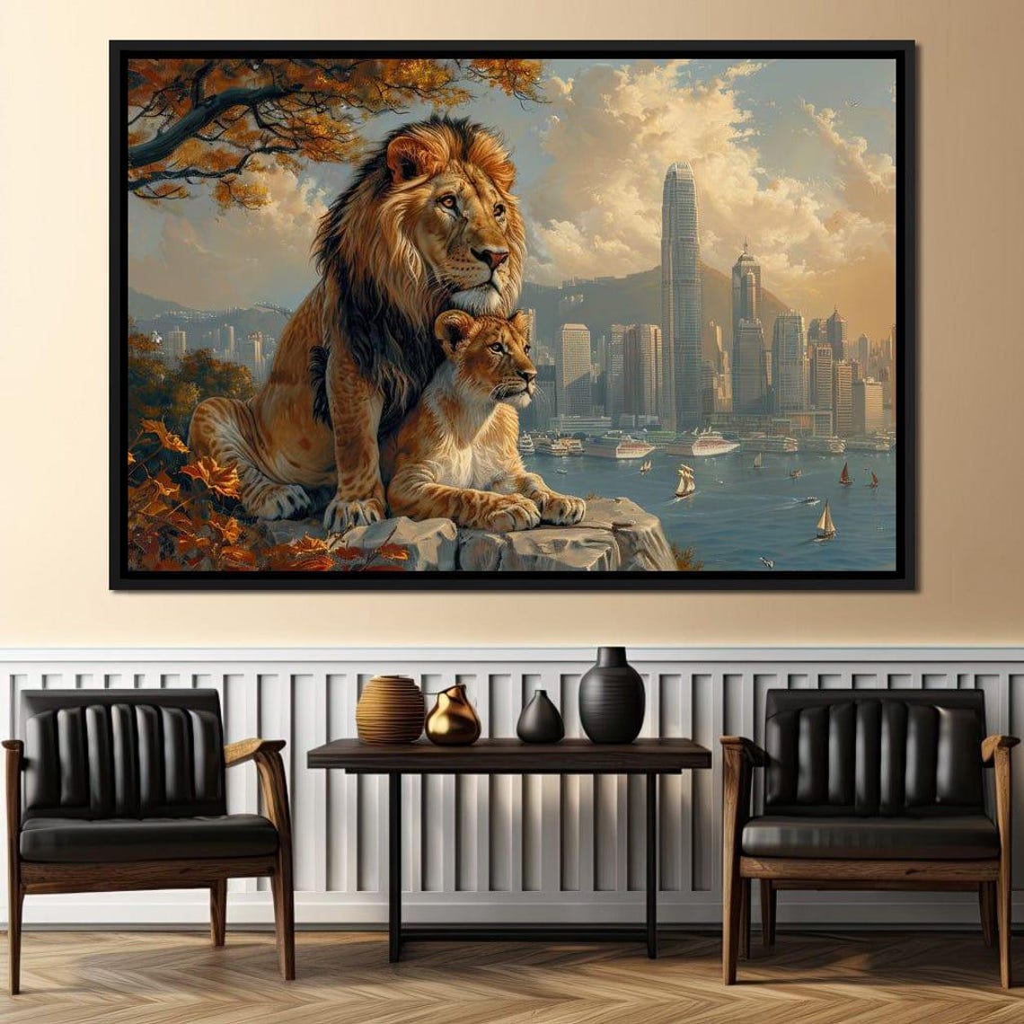 Lion Lioness Overlooking Harbor City Skyline Urban Jungle Poster - Image 4