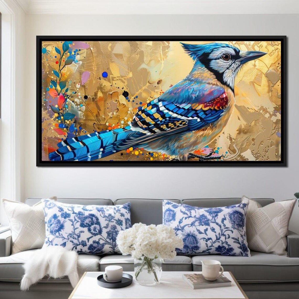 Vibrant Blue Jay Bird Colorful Floral Golden Art Animal Wall Poster - Image 2