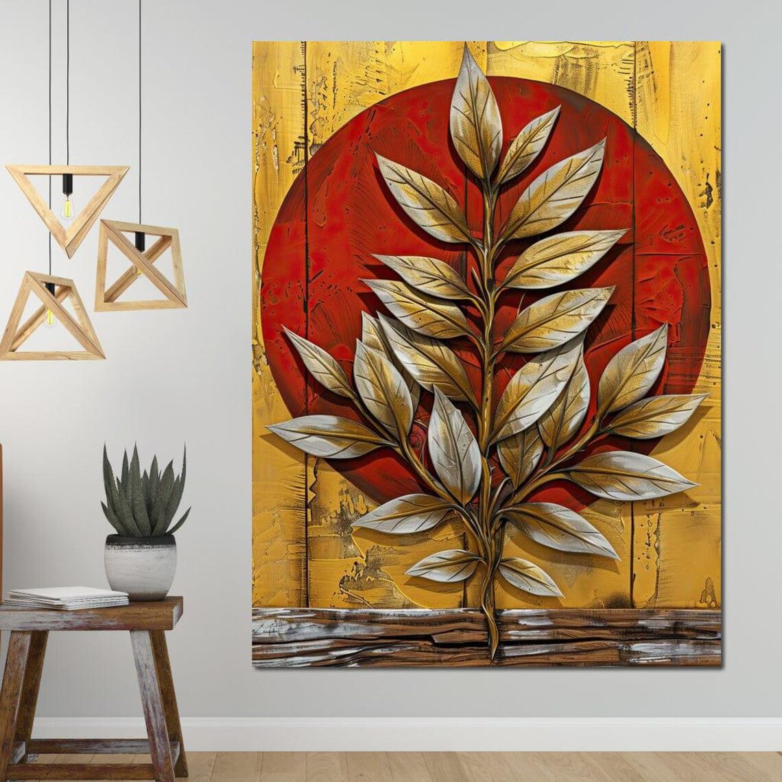 Golden Foliage On Fiery Sphere, Abstract Art Print - Image 3
