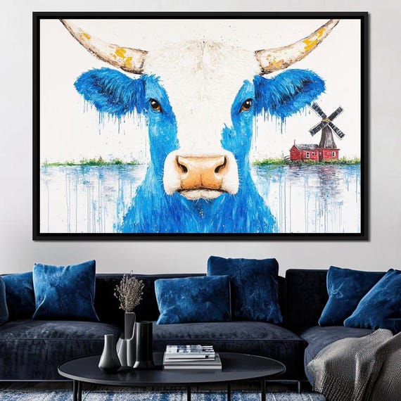 Blue Bull Farm Horizon Rustic Farmhouse Art Home Decor Country Style Animal Print Unique Wall Art By Nichecanvas