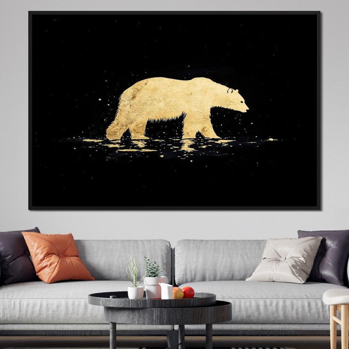 Golden Polar Bear Silhouette Black Night Minimalist Wildlife Art Poster - Image 2
