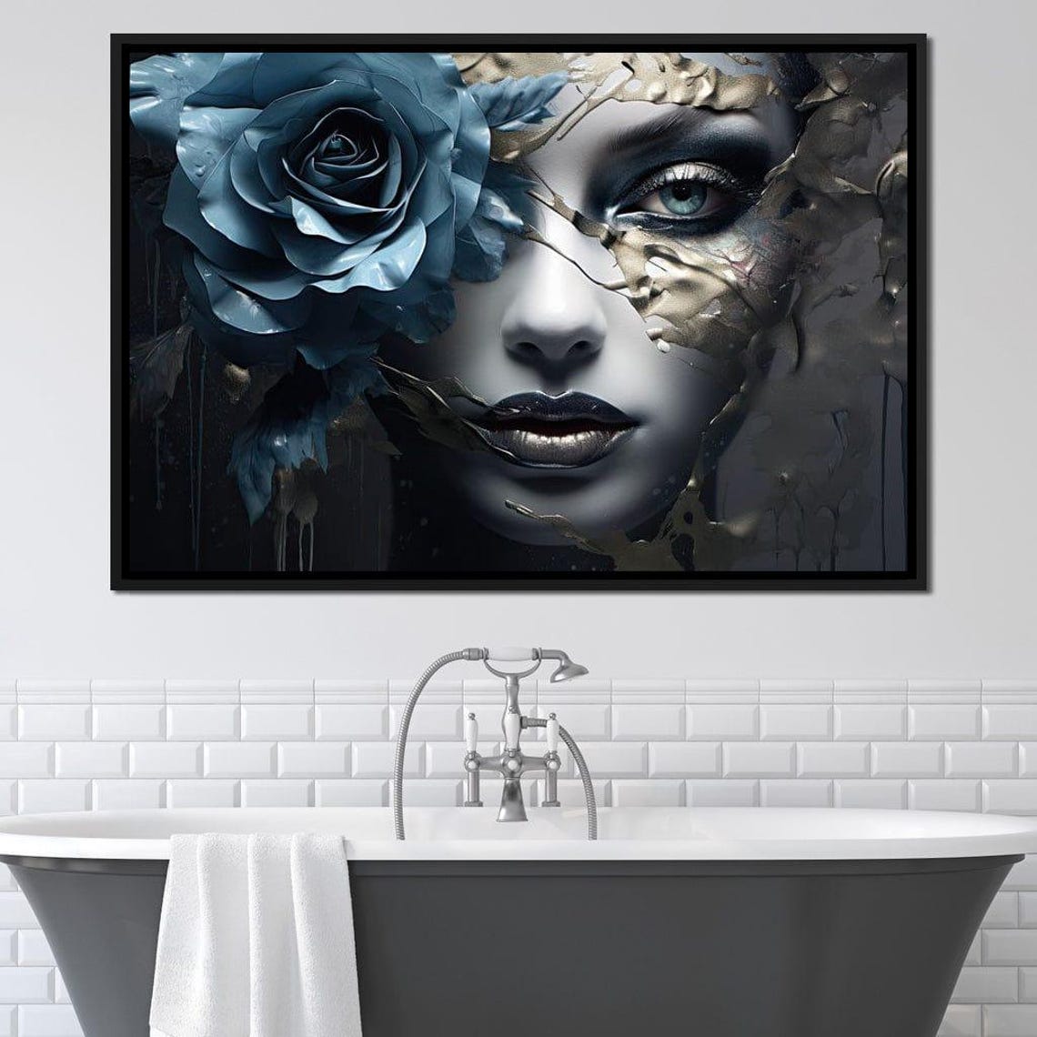 Metallic Blue Rose Gothic Woman Portrait Gold Cracked Art Print - Image 3
