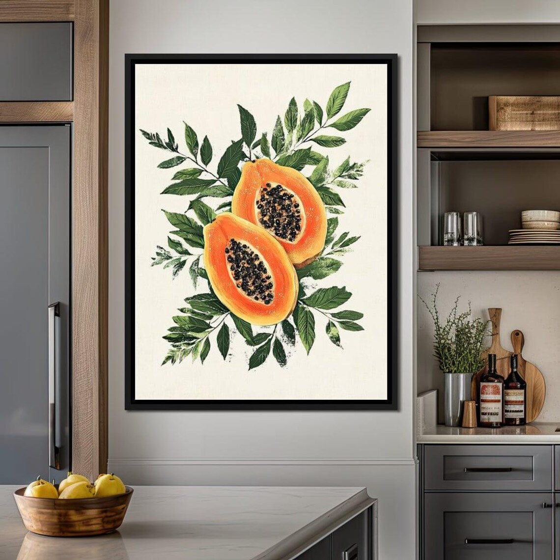 Papaya Halves Botanical Illustration Green Leaves Cream Kitchen Art