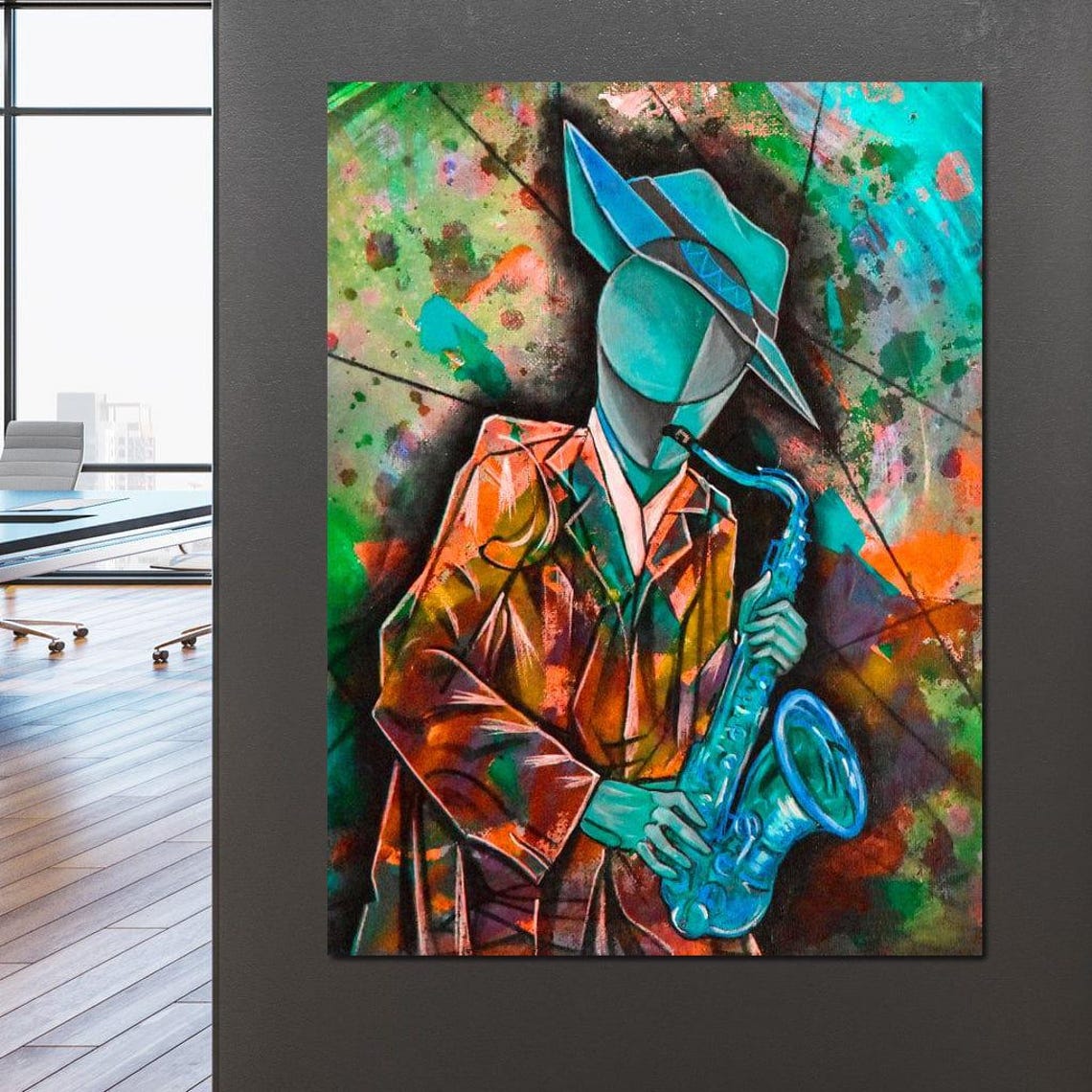 Stylized Saxophone Player In Hat Colorful Cubist Jazz Music Art Poster - Image 4