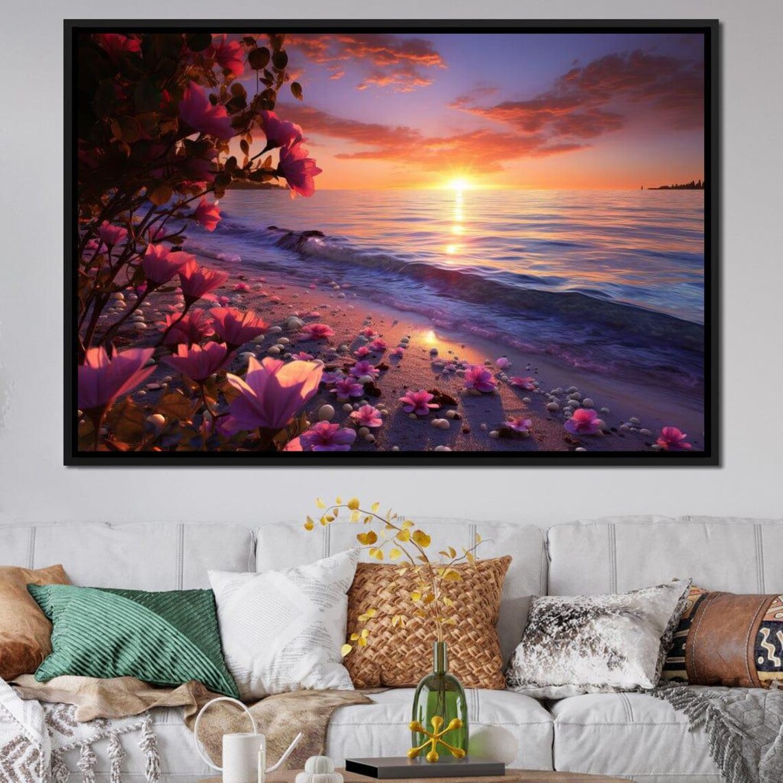 Tropical Sunset Beach Pink Flowers Ocean Waves Seaside Travel Poster - Image 3