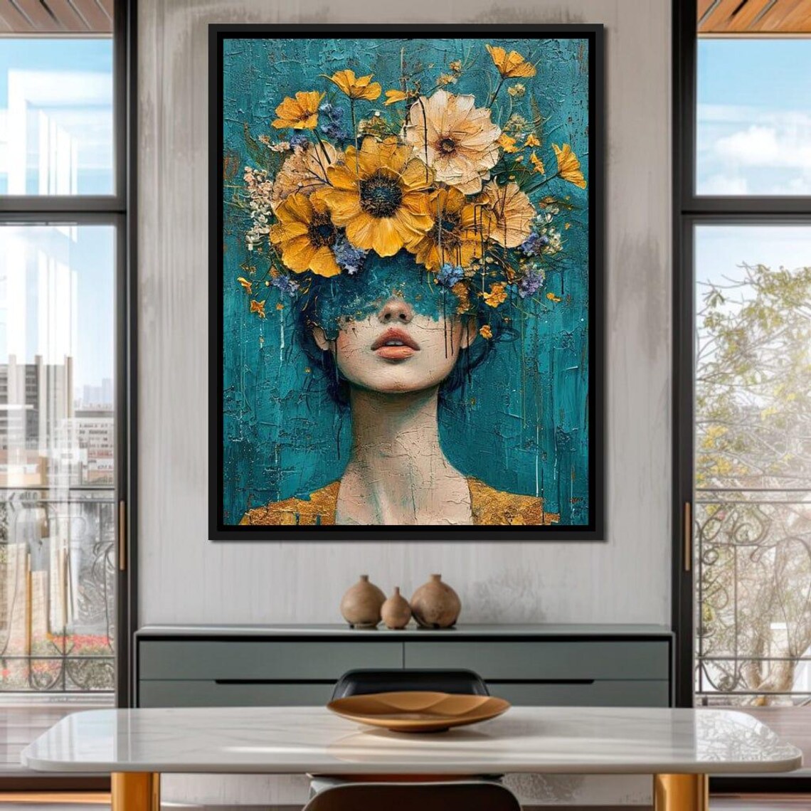 Sunflower Bloom Veil Woman Teal Floral Surreal Portrait Wall Art