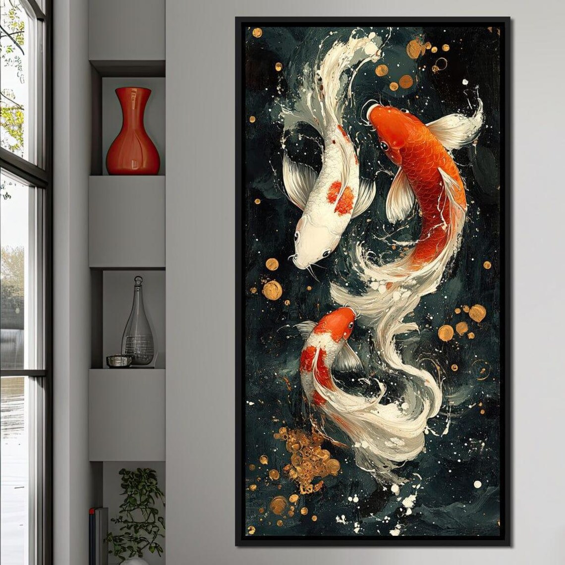 Koi Fish Golden Moon Dark Water Japanese Asian Serene Pair Art Poster - Image 3