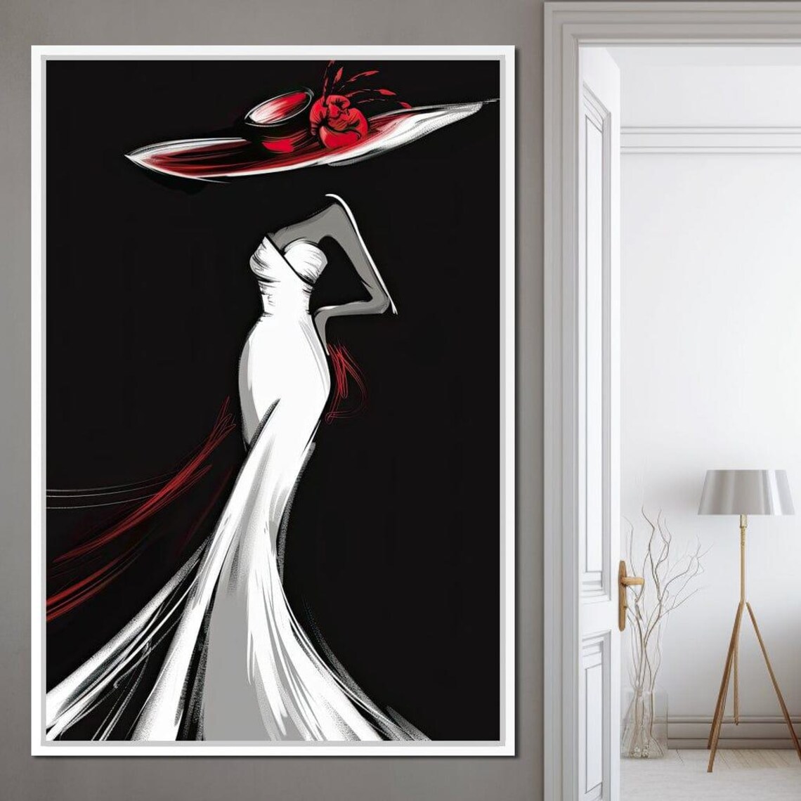 Noir Chic Fashion Sketch Woman In White Gown Red Accent Black Art Poster - Image 2