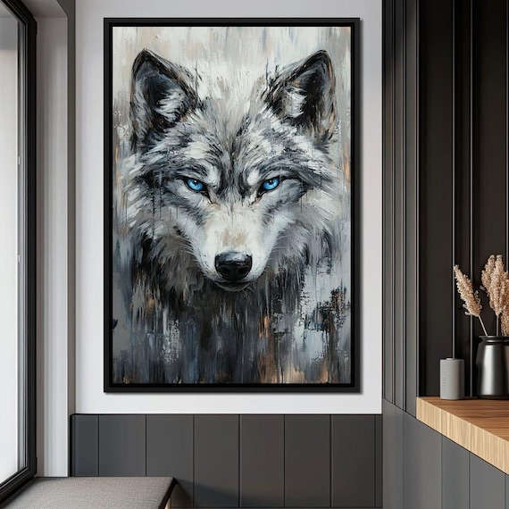 Gray Wolf Intense Blue Eyes Painterly Portrait Wildlife Wall Art Print