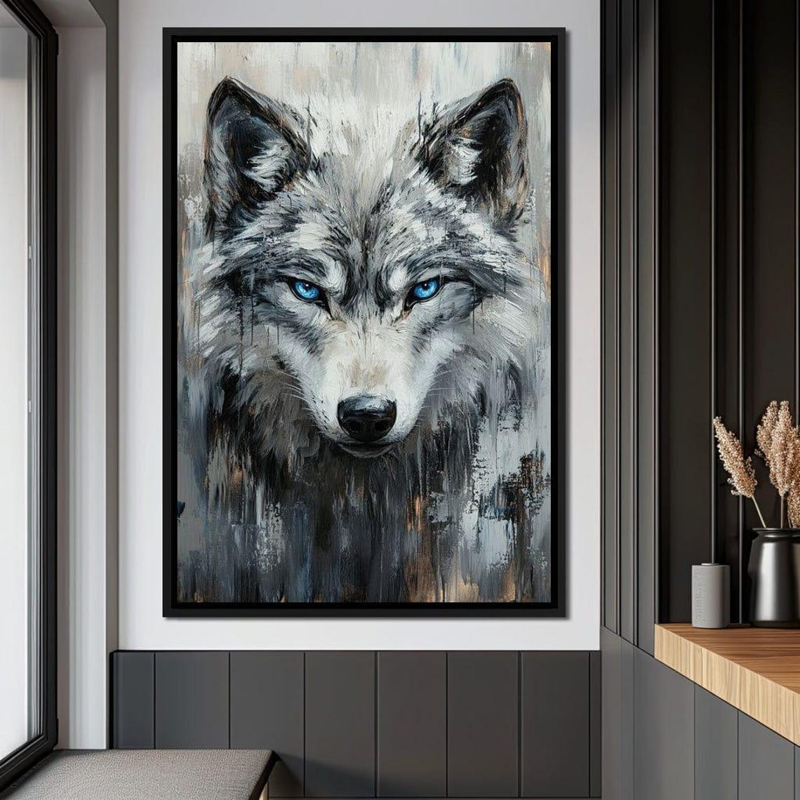 Gray Wolf Intense Blue Eyes Painterly Portrait Wildlife Wall Art Print