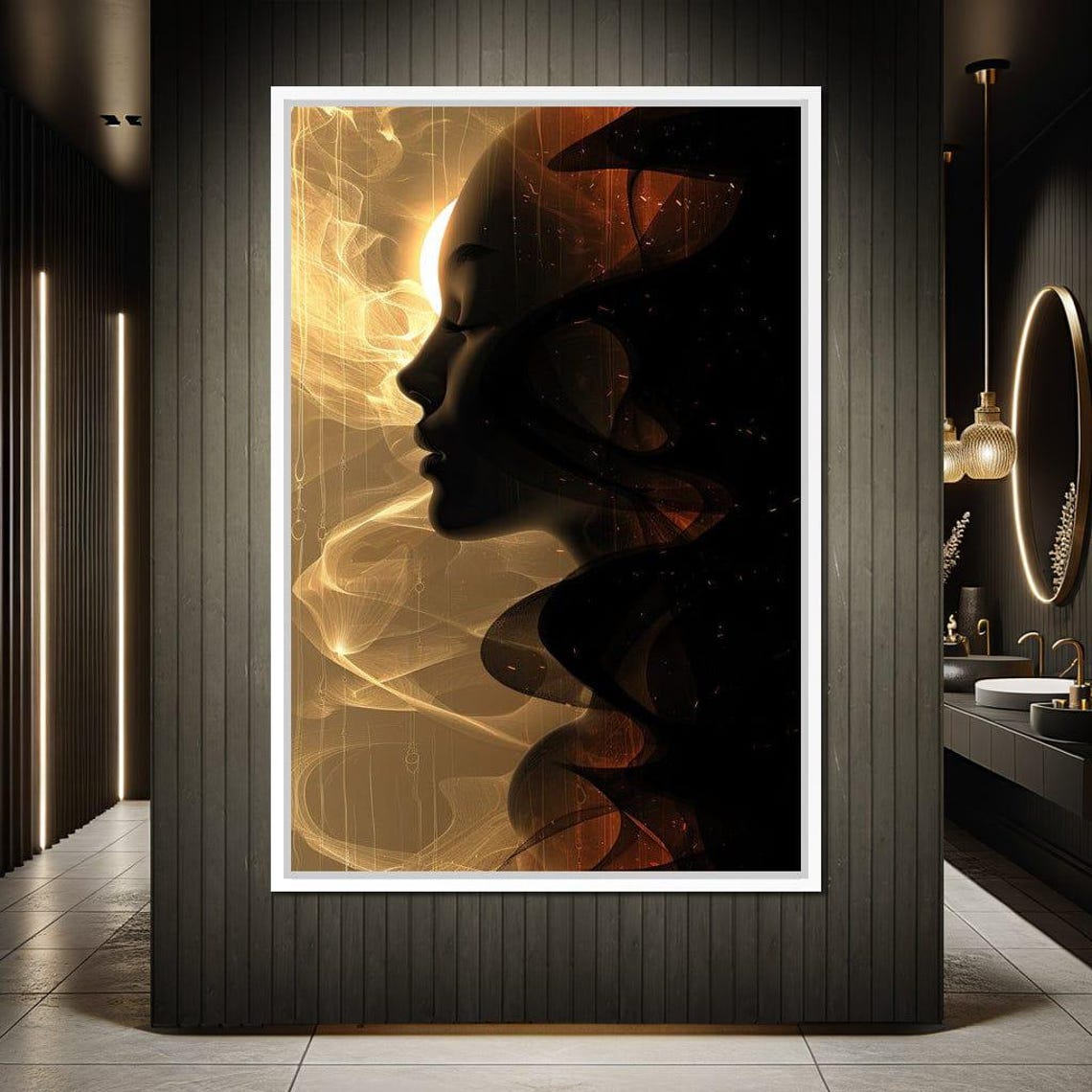 Golden Veil Woman Profile In Black And Gold Light Abstract Art Poster - Image 3