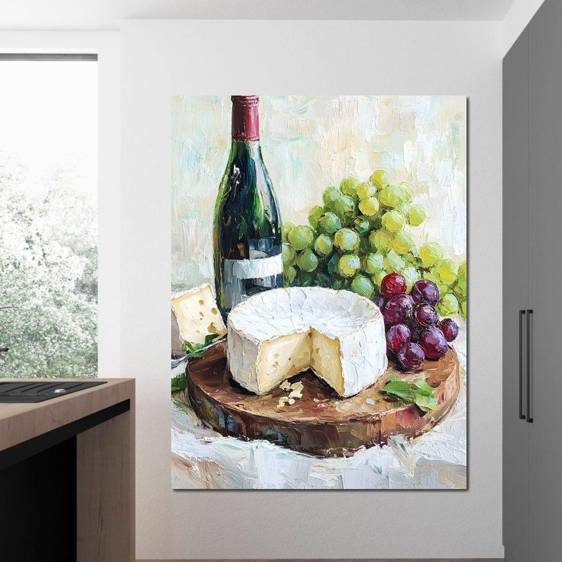 Wine Bottle Brie Cheese And Fresh Grapes Rustic Still Life Poster - Image 4
