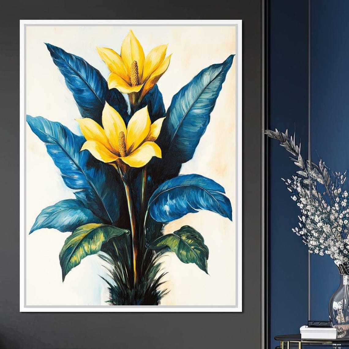 Golden Tropical Blooms With Deep Blue Leaves On White Poster