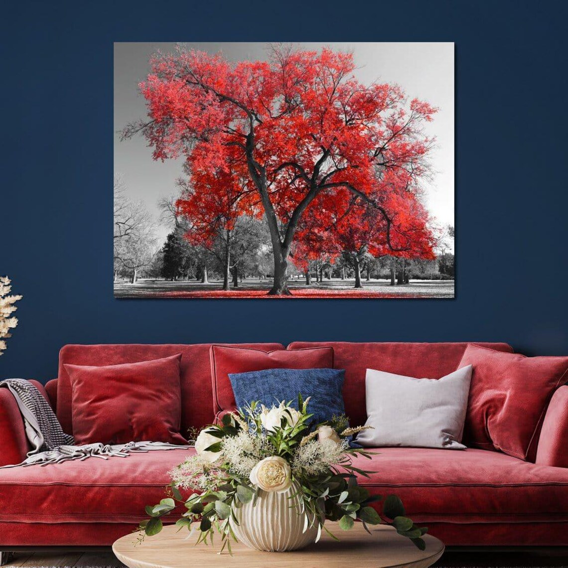 Big Red Tree Red Tree Art Nature Wall Art Fall Decor Unique Wall Art Modern Home Aesthetic Landscape Art By Nichecanvas - Image 2