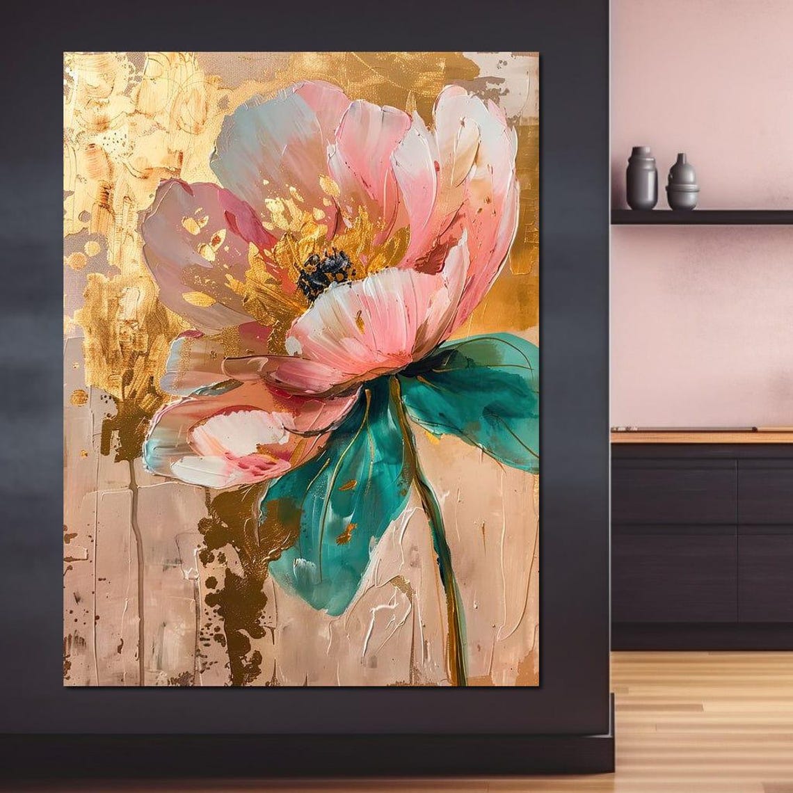 Pink Flower With Gold Leaf Abstract Modern Botanical Wall Art Print - Image 4