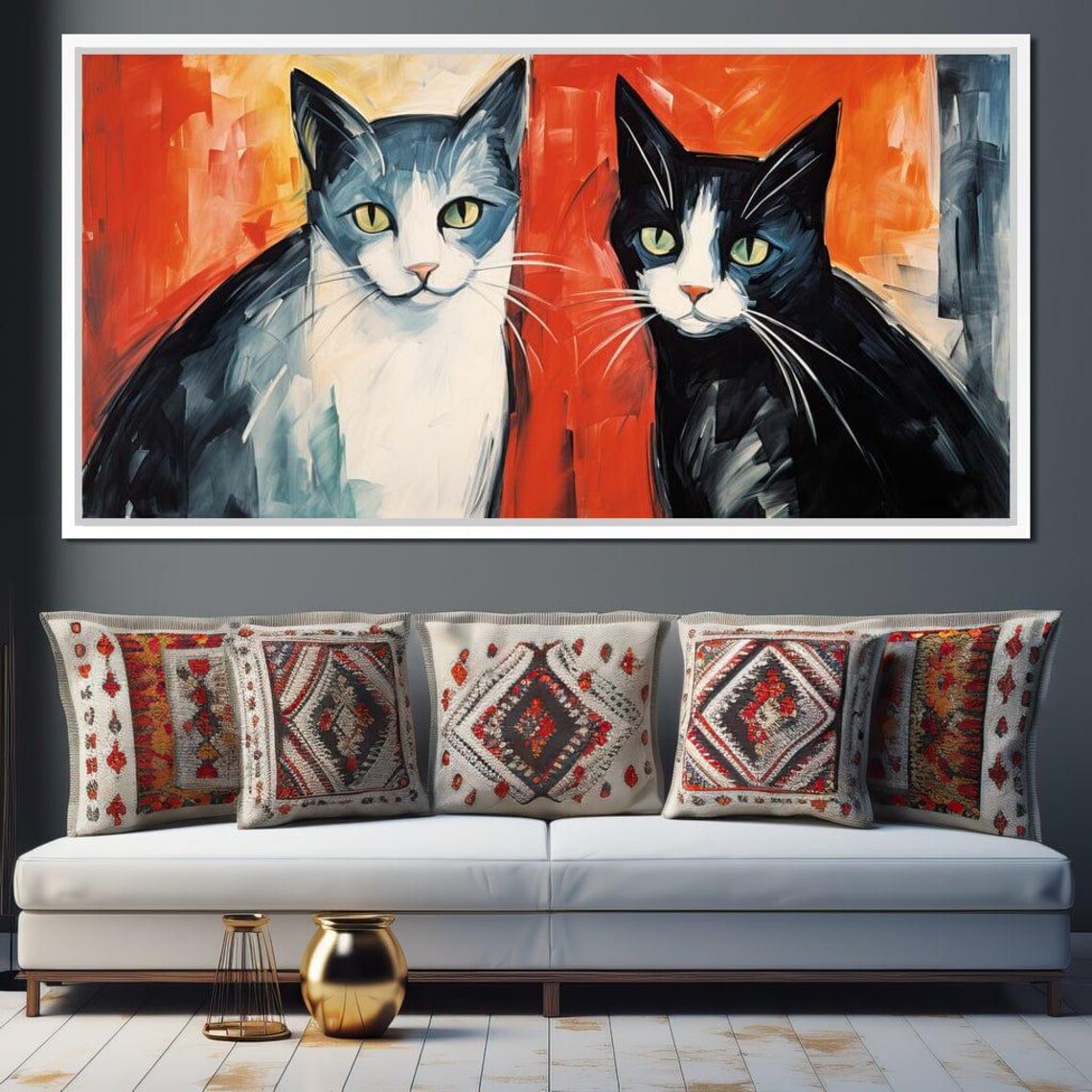 Two Tuxedo Cats Bold Orange Red Background Modern Feline Art Poster - Image 4