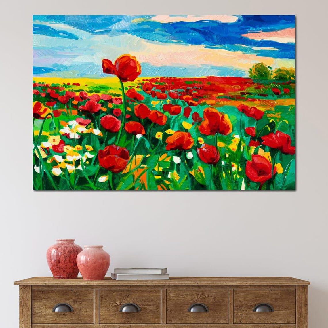 Red Poppy Field Impressionist Meadow Blue Sky Vibrant Art Poster - Image 4