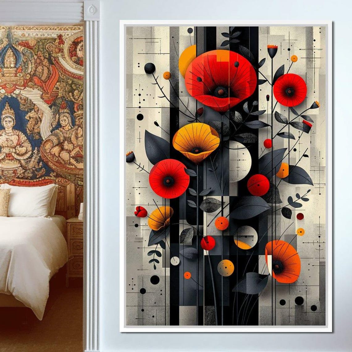 Red Poppies Geometric Floral Bauhaus Style Bold Blooms Modern Wall Art