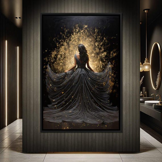 Ethereal Flight In Sparkling Gown Elegant Decor Fashion Print Feminine Art Glamorous Night Scenery By Nichecanvas