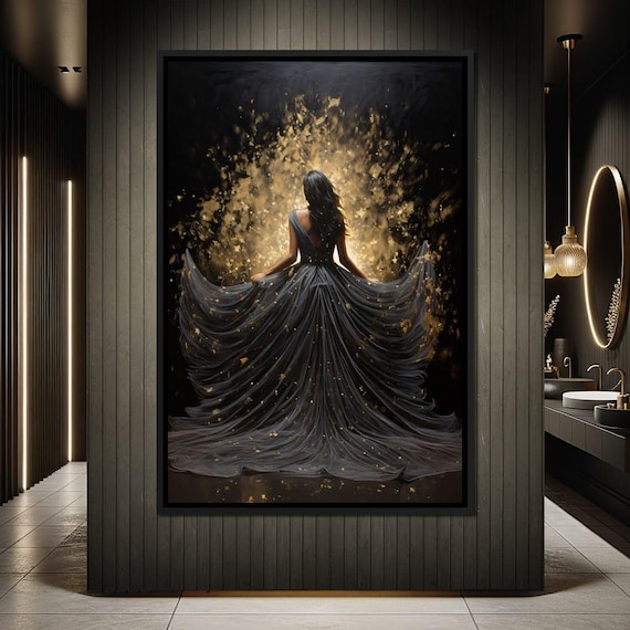 Woman Black Flowing Gown Gold Sparkles Dark Elegant Night Poster