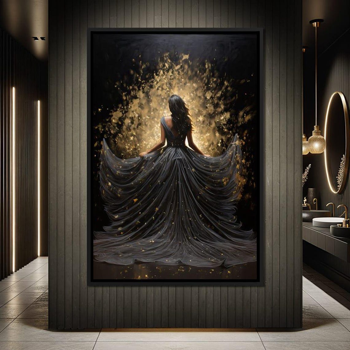 Woman Black Flowing Gown Gold Sparkles Dark Elegant Night Poster