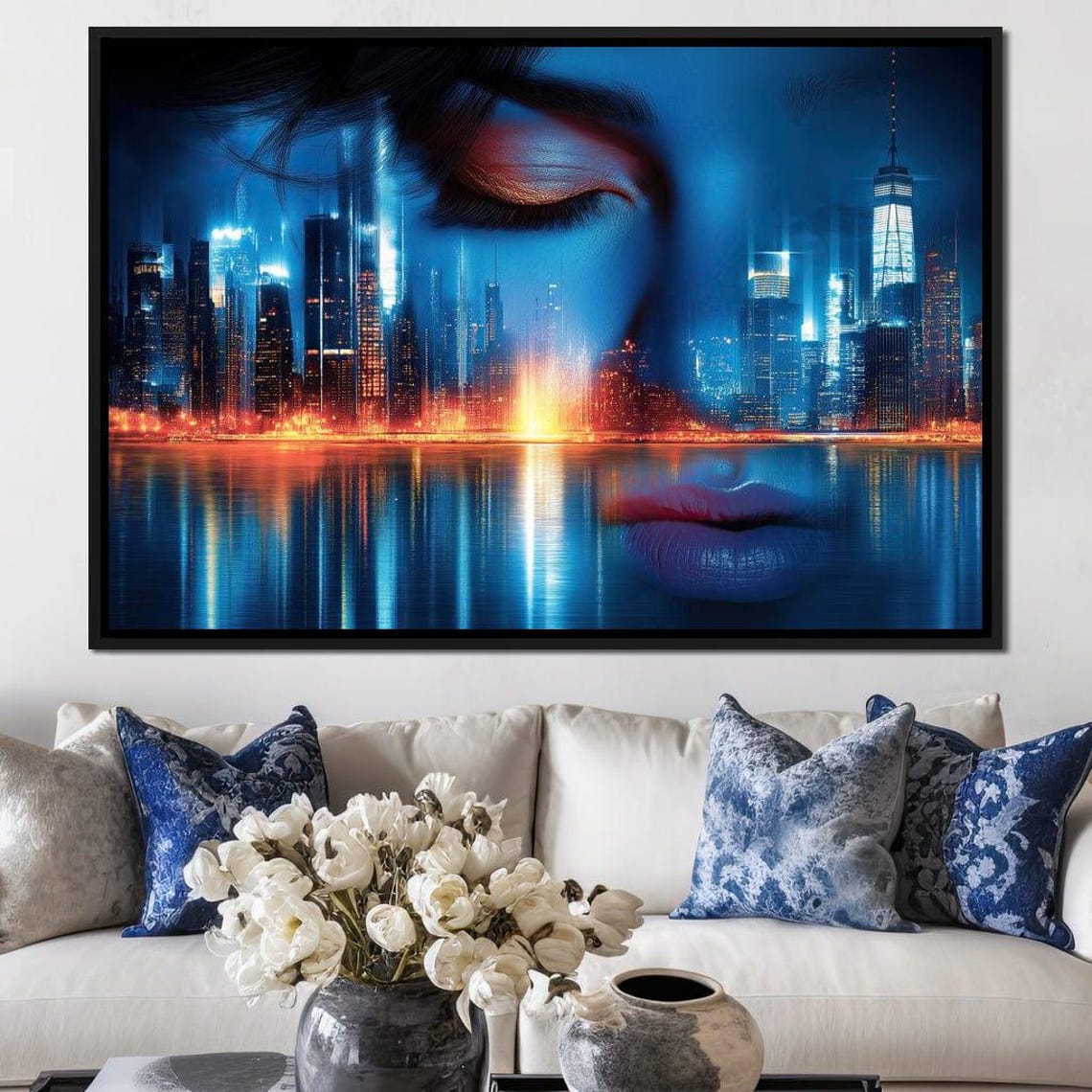City Night Skyline Reflected In Blue Woman Face Dreamy Art Poster